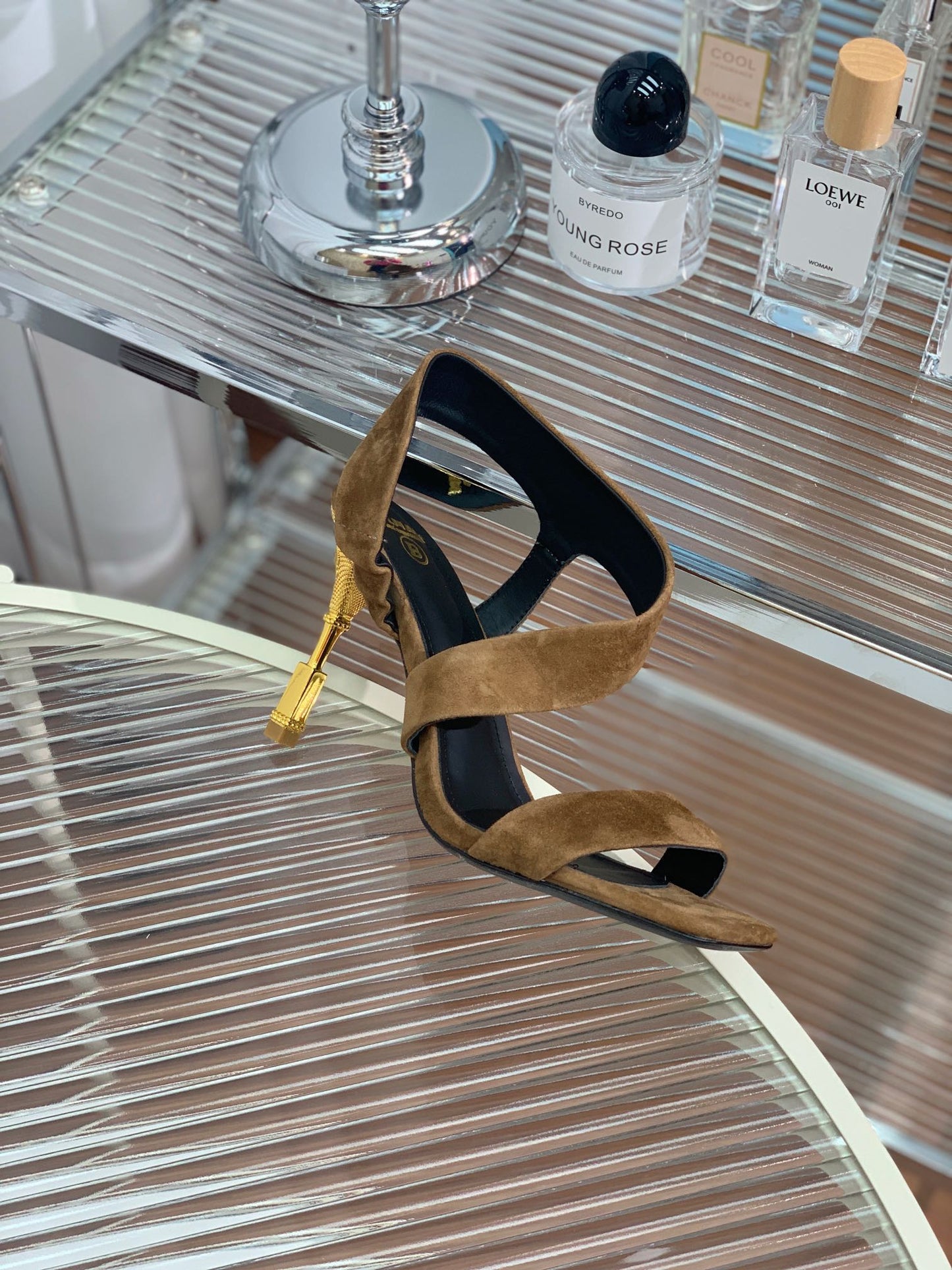 BALMAIN 25S HIGH HEEL SANDALS 95MM IN BROWN SUEDE