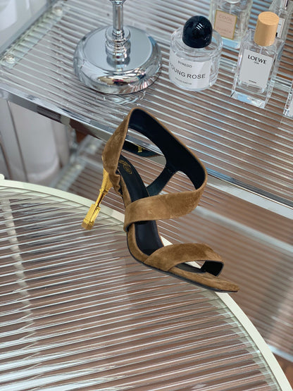 BALMAIN 25S HIGH HEEL SANDALS 95MM IN BROWN SUEDE