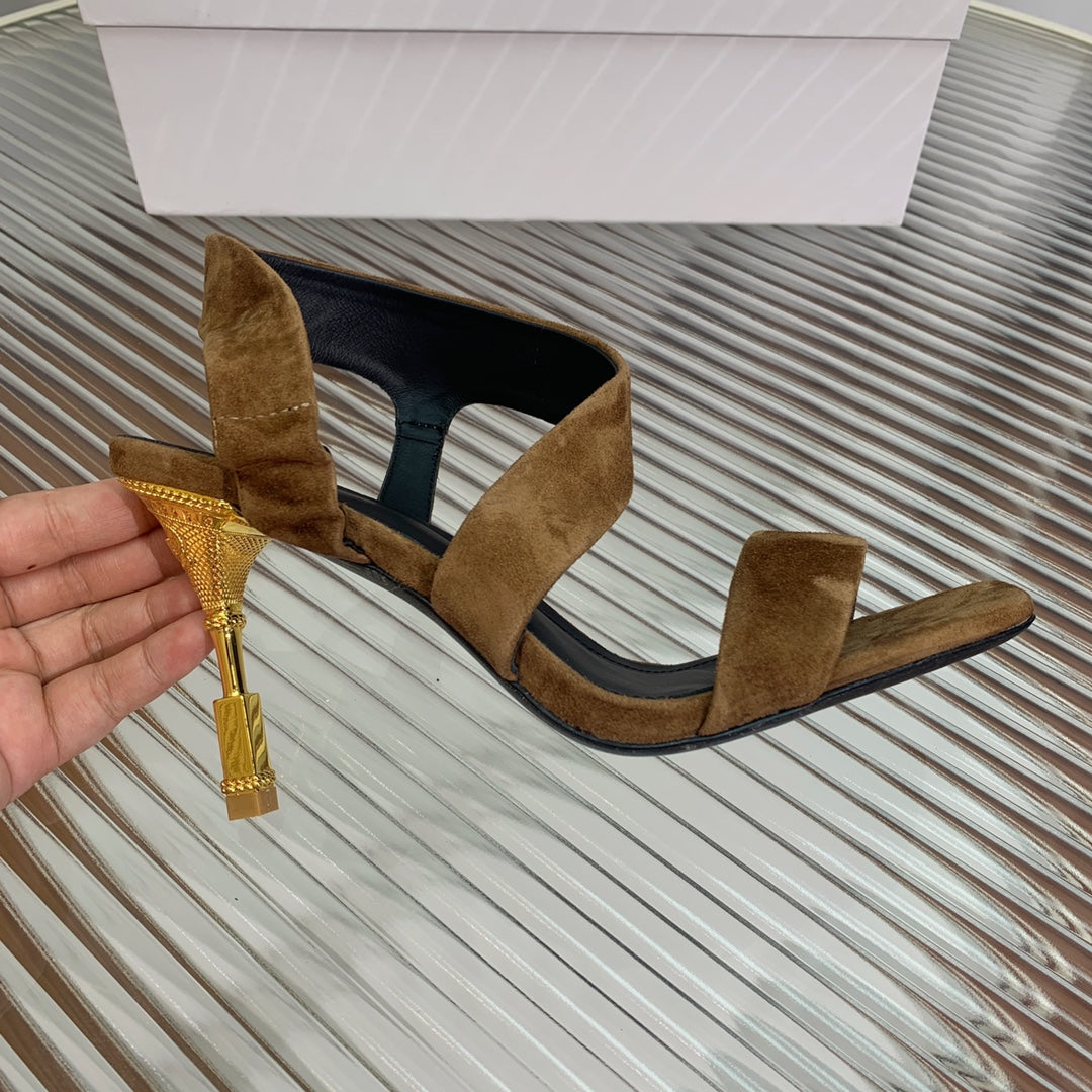 BALMAIN 25S HIGH HEEL SANDALS 95MM IN BROWN SUEDE