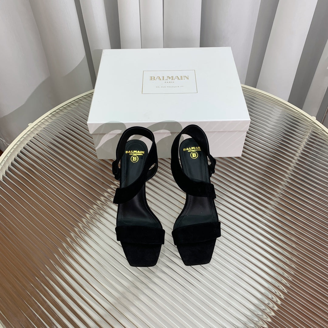 BALMAIN 25S HIGH HEEL SANDALS 95MM IN BLACK SUEDE