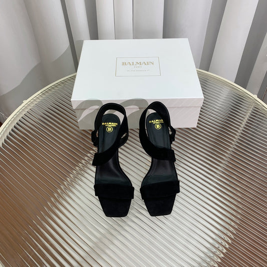 BALMAIN 25S HIGH HEEL SANDALS 95MM IN BLACK SUEDE