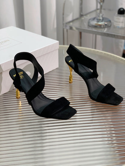 BALMAIN 25S HIGH HEEL SANDALS 95MM IN BLACK SUEDE