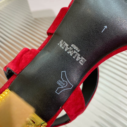 BALMAIN 25S HIGH HEEL SANDALS 95MM IN DARK CRIMSON SUEDE