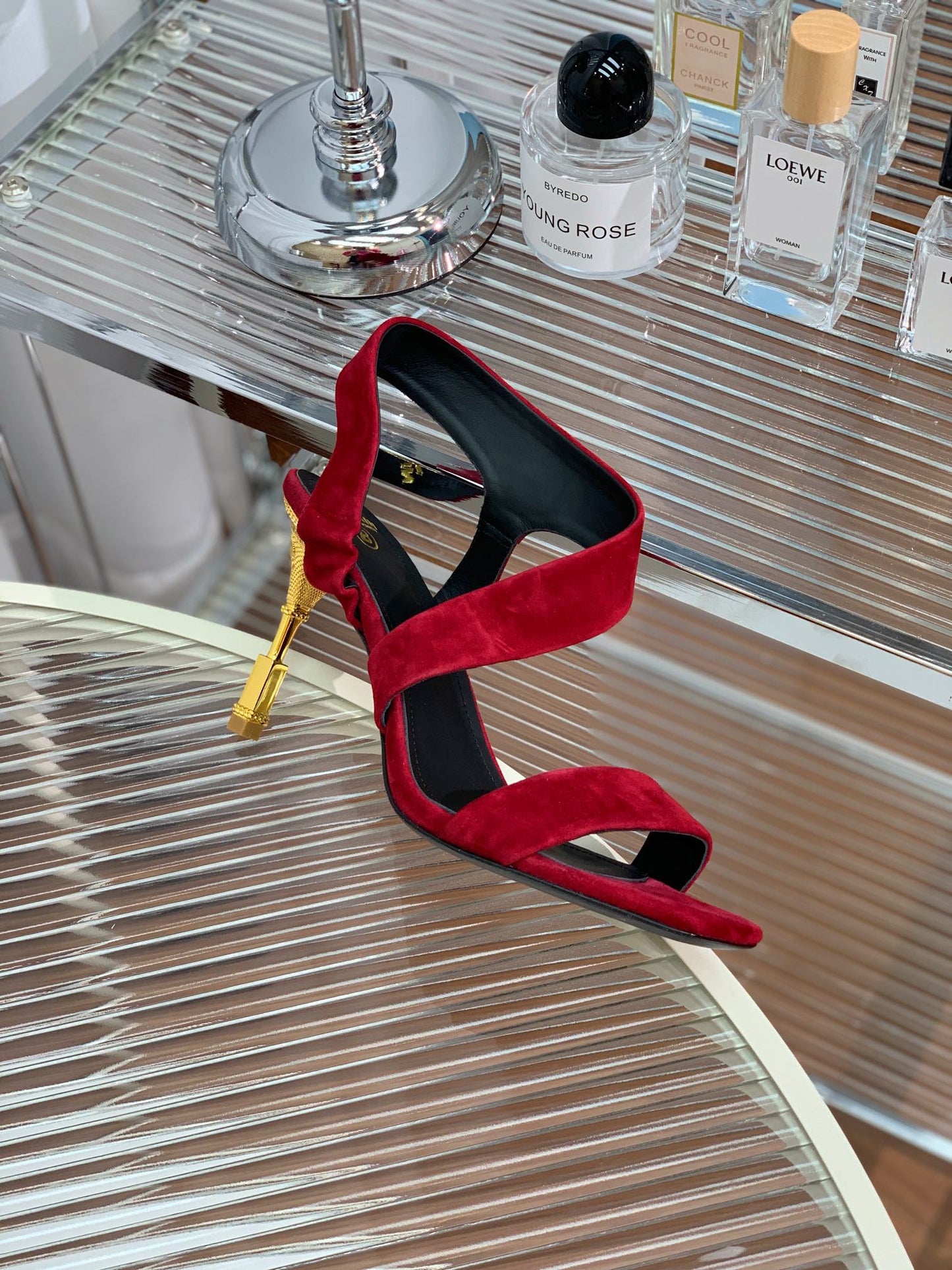 BALMAIN 25S HIGH HEEL SANDALS 95MM IN DARK CRIMSON SUEDE