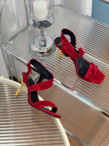 BALMAIN 25S HIGH HEEL SANDALS 95MM IN DARK CRIMSON SUEDE