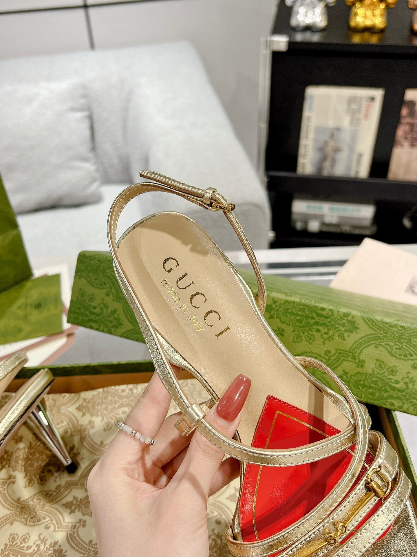 HIGH HEEL 65MM IN LIGHT GOLD CALFSKIN WITH RED HEART