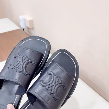 LEA TRIOMPHE PLATFORM SLIDES WOMEN VEGETABLE TANNED CALFSKIN BLACK