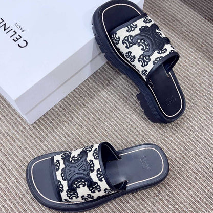 LEA TRIOMPHE PLATFORM SLIDES WOMEN VEGETABLE TANNED CALFSKIN BLACK/WHITE