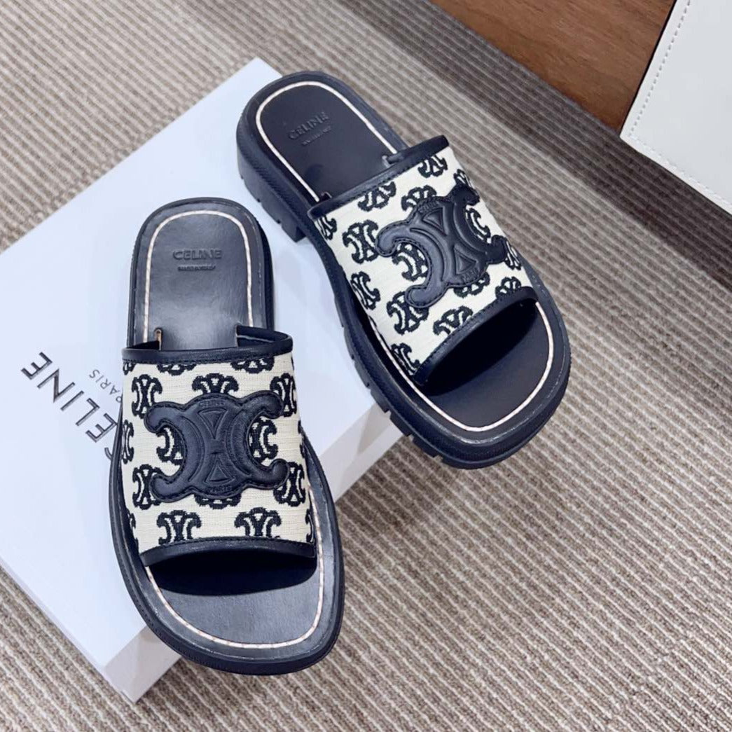 LEA TRIOMPHE PLATFORM SLIDES WOMEN VEGETABLE TANNED CALFSKIN BLACK/WHITE