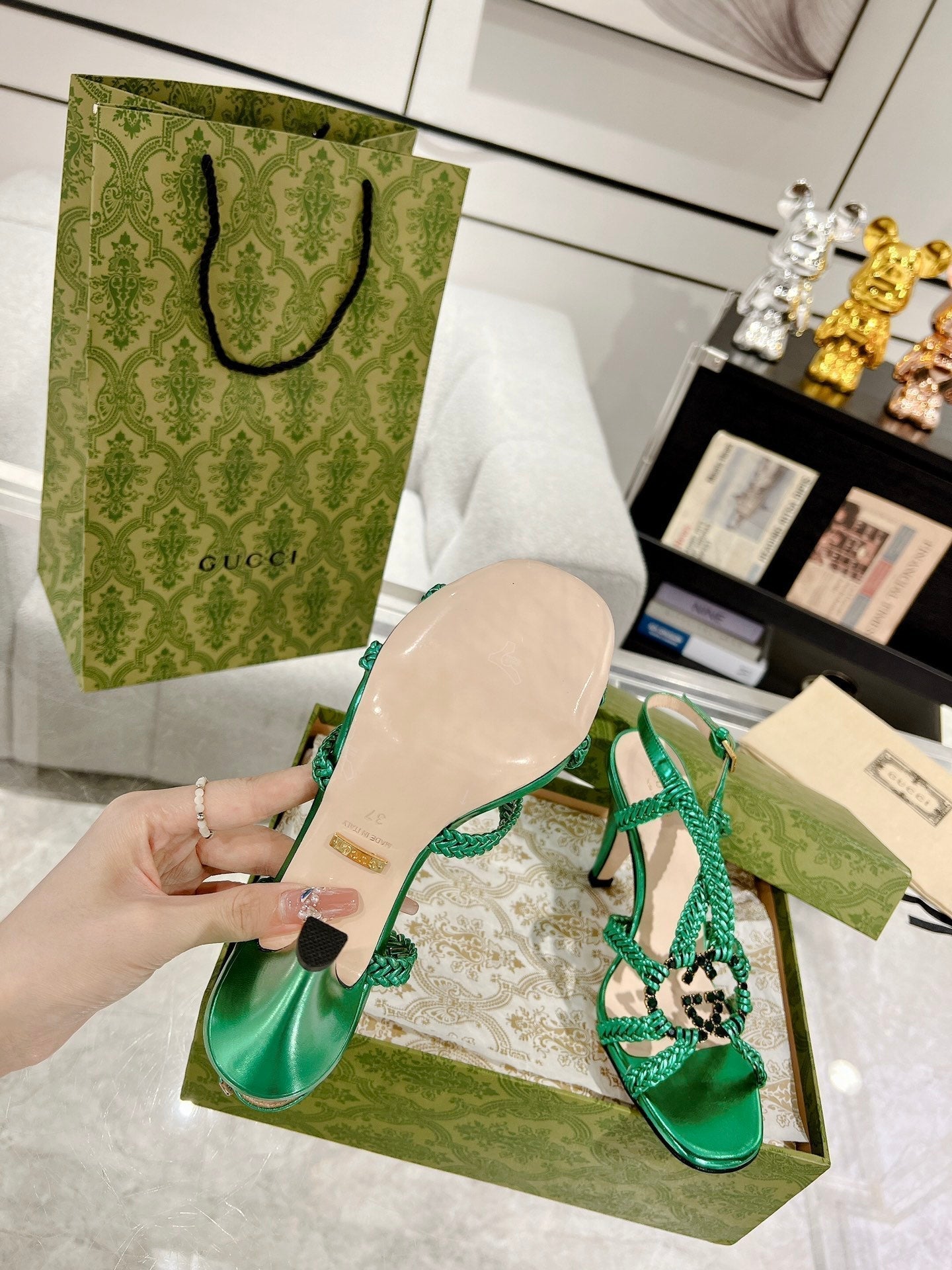 GG CRYSTAL HIGH HEEL SANDAL JADE GREEN CALFSKIN SPECIAL