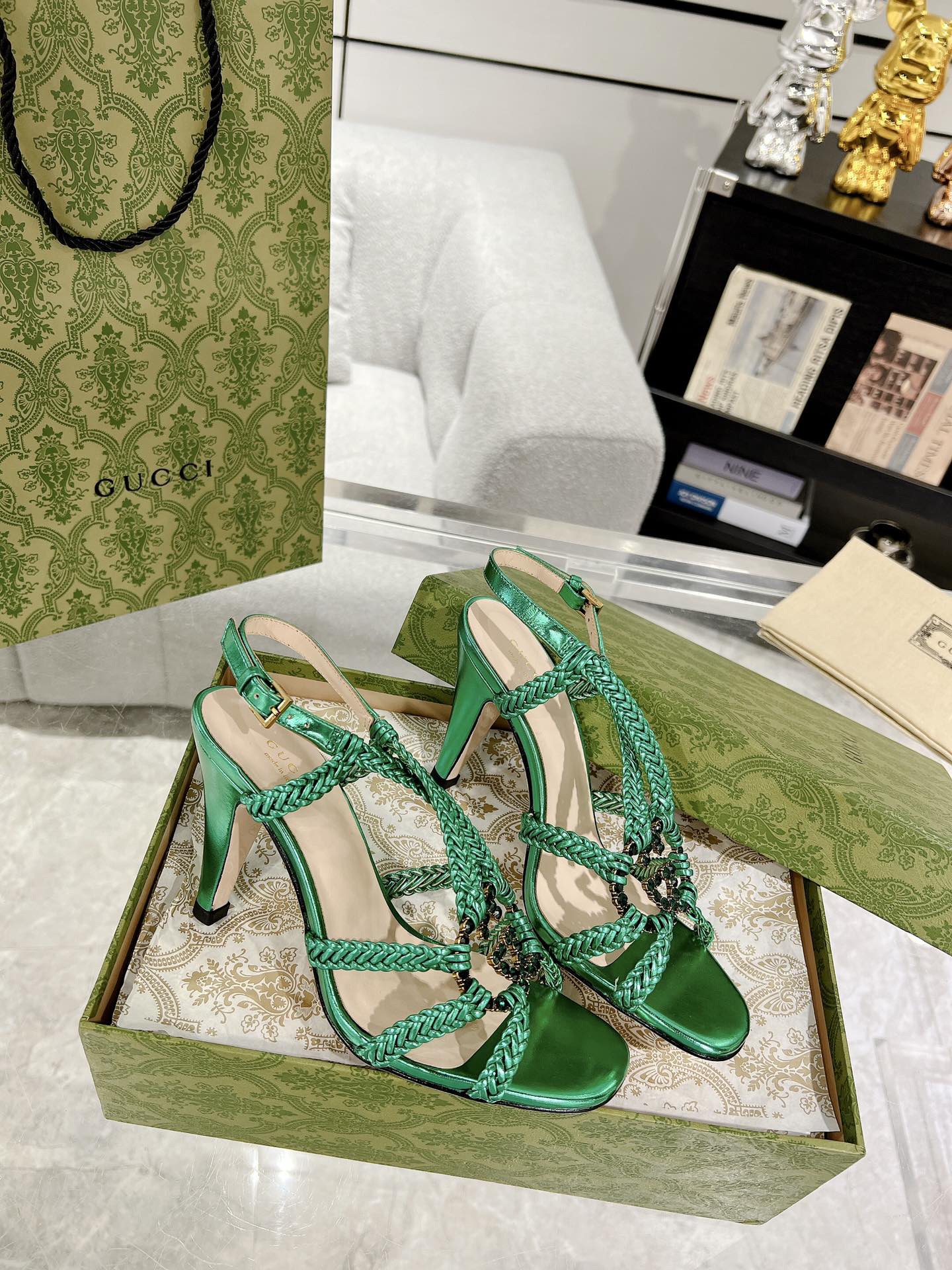 GG CRYSTAL HIGH HEEL SANDAL JADE GREEN CALFSKIN SPECIAL