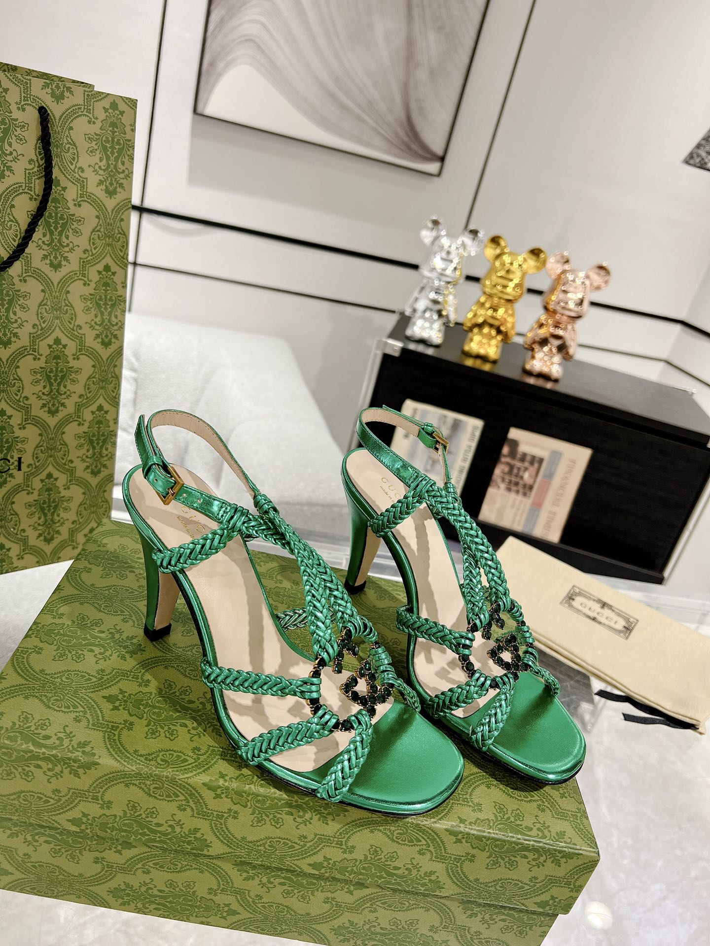 GG CRYSTAL HIGH HEEL SANDAL JADE GREEN CALFSKIN SPECIAL