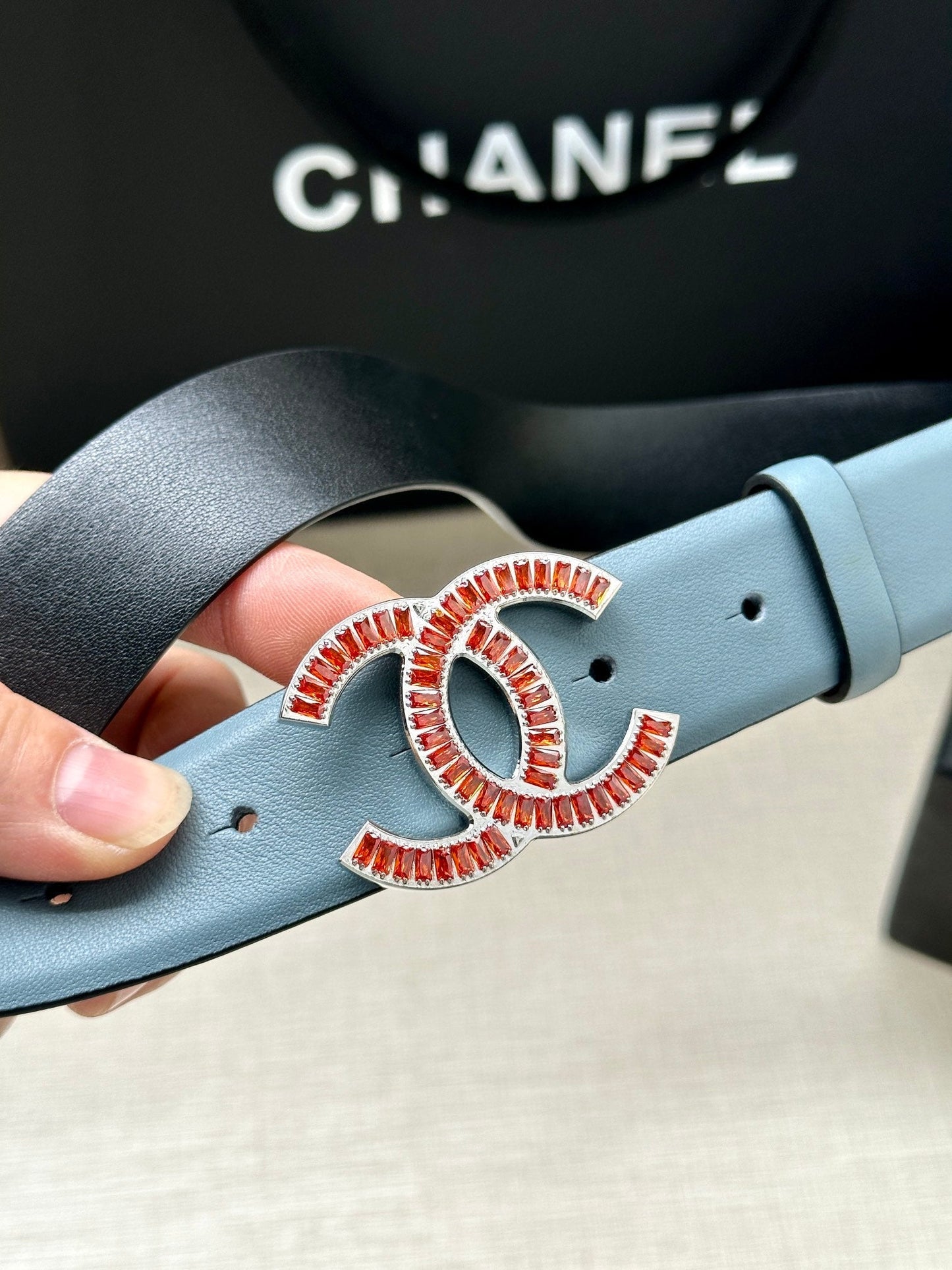 CHANEL 25S BELT 30 MM IN LIGHT STEEL BLUE CALFSKIN 616966