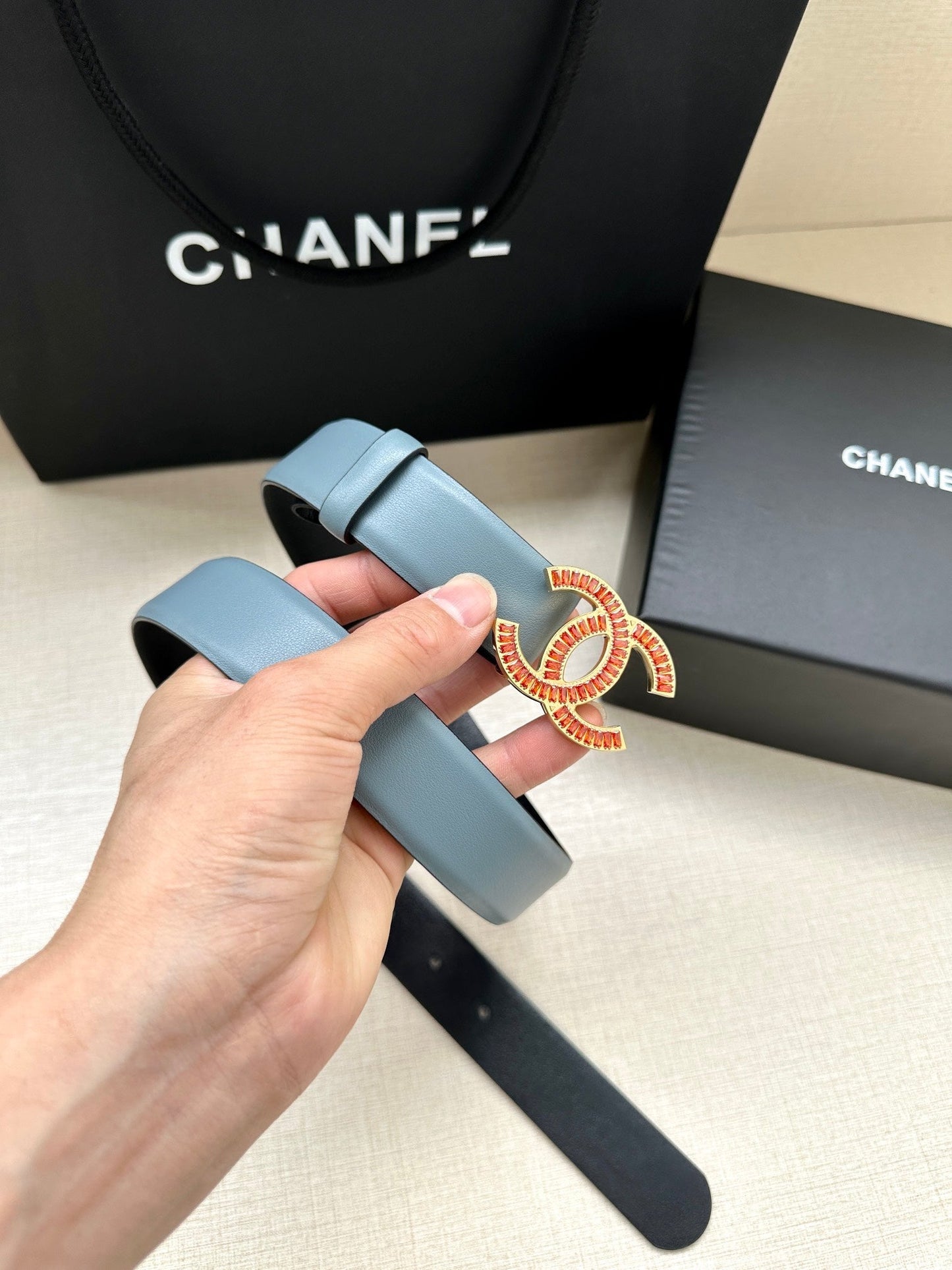CHANEL 25S BELT 30 MM IN LIGHT STEEL BLUE CALFSKIN 616966
