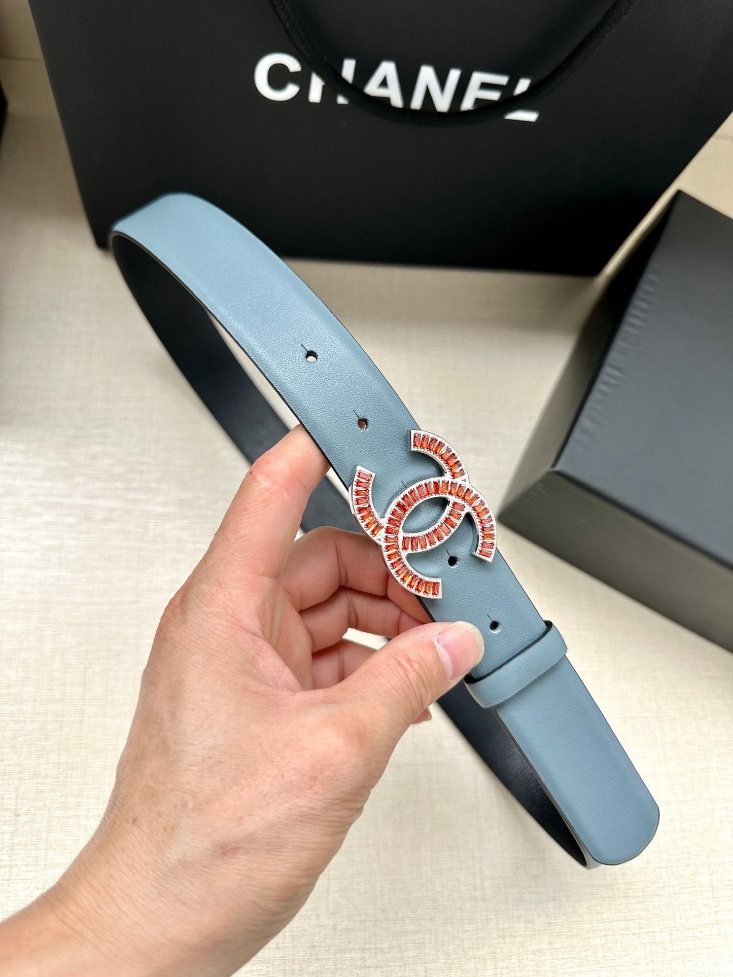 CHANEL 25S BELT 30 MM IN LIGHT STEEL BLUE CALFSKIN 616966