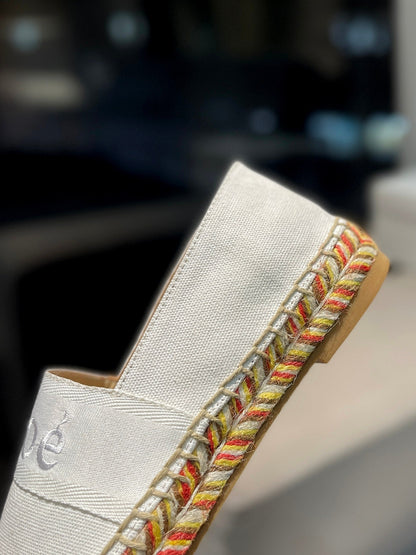 LOAFERS IN WHITE FABRIC AND RAFFIA