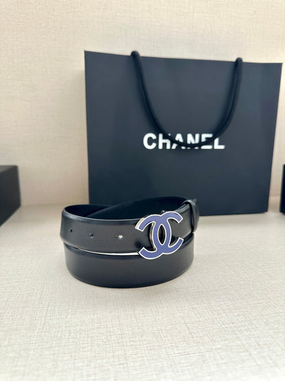 CC 30MM BELT IN BLACK SMOOTH CALFSKIN WITH NAVY BLUE METAL LOGO