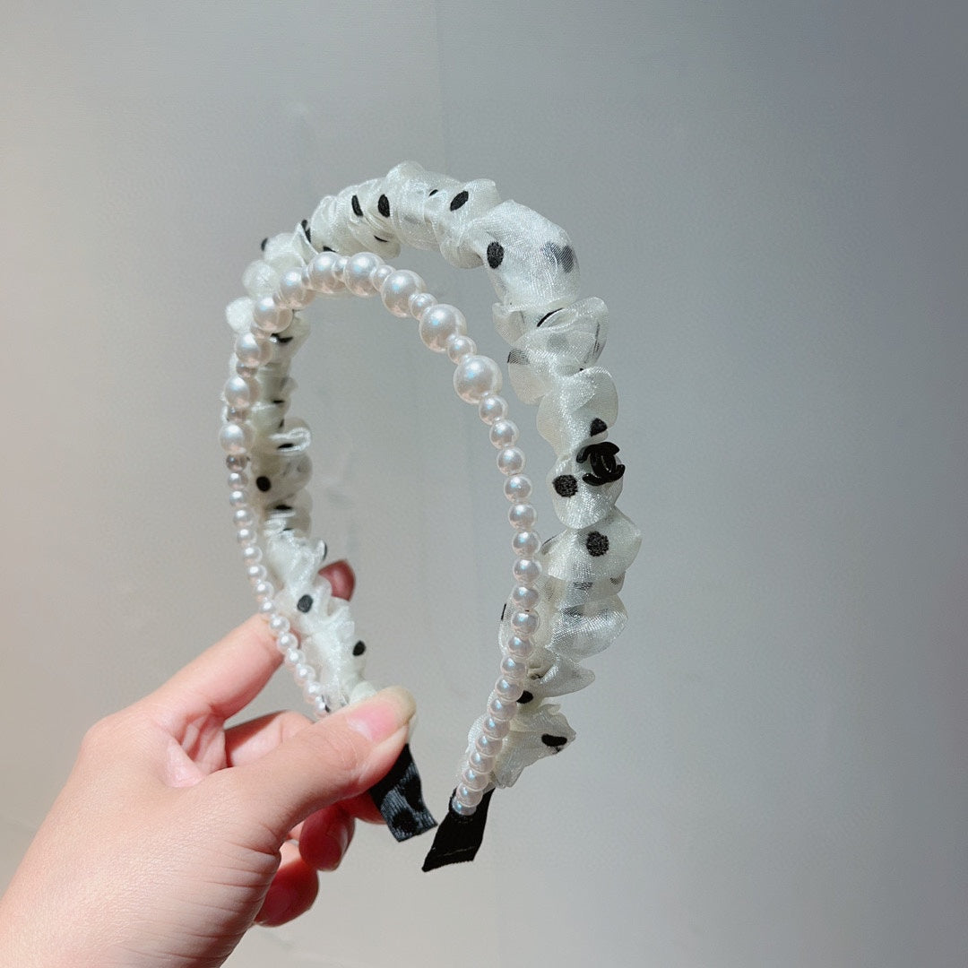 WHITE VOILE FABRIC HAIRBAND WITH PEARL CHAIN 867188