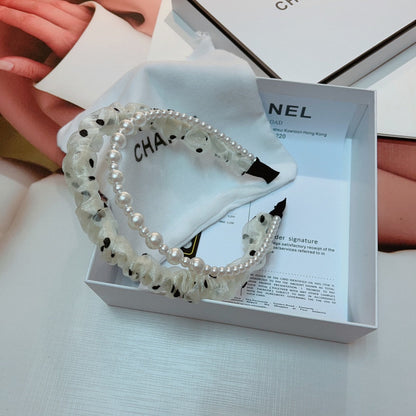 WHITE VOILE FABRIC HAIRBAND WITH PEARL CHAIN 867188