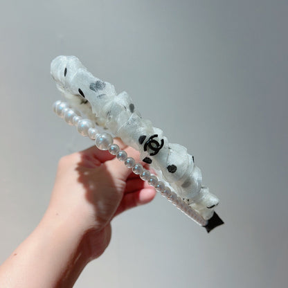 WHITE VOILE FABRIC HAIRBAND WITH PEARL CHAIN 867188