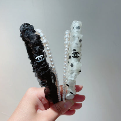 WHITE VOILE FABRIC HAIRBAND WITH PEARL CHAIN 867188