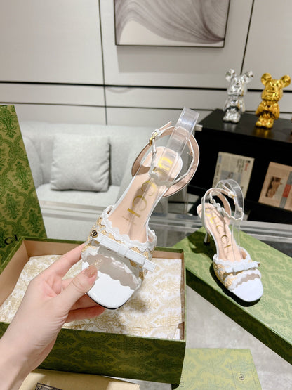 GG HIGH - HEEL SANDAL WHITE FABRIC ATTACH BOW