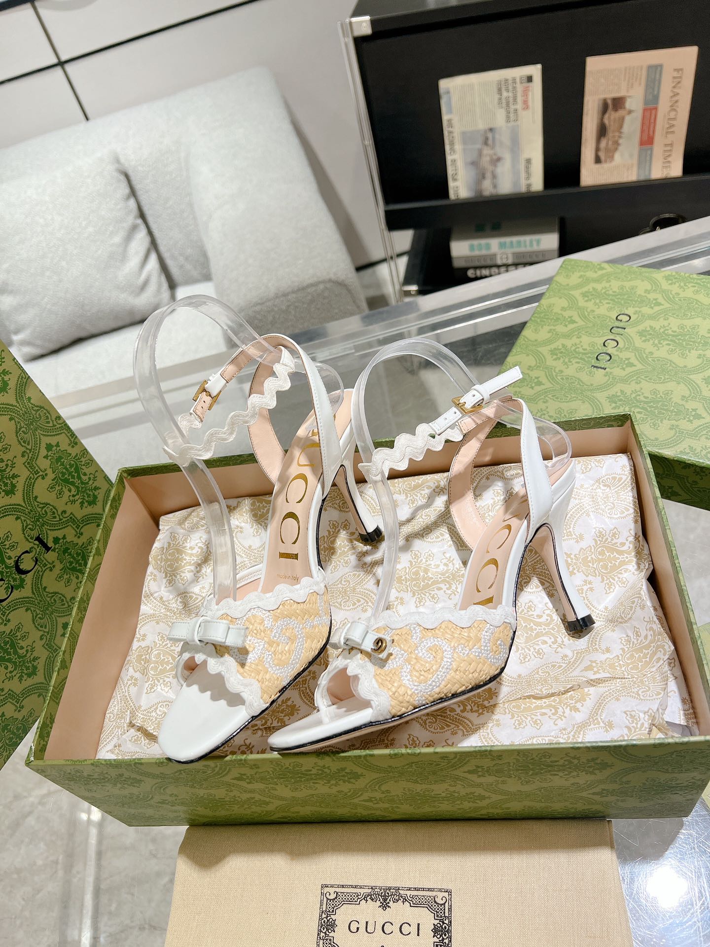 GG HIGH - HEEL SANDAL WHITE FABRIC ATTACH BOW