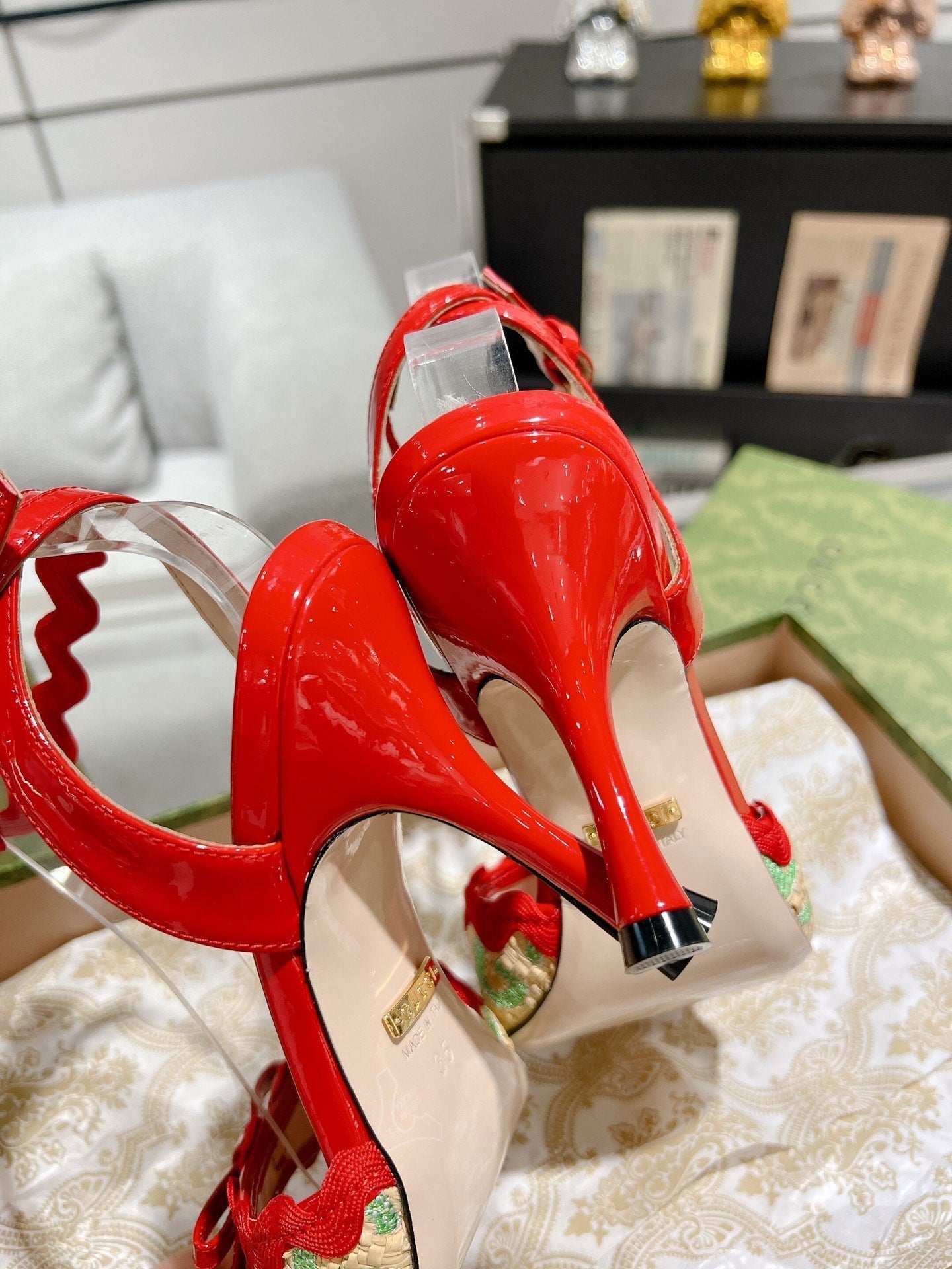 GG HIGH - HEEL SANDAL CRIMSON FABRIC ATTACH BOW