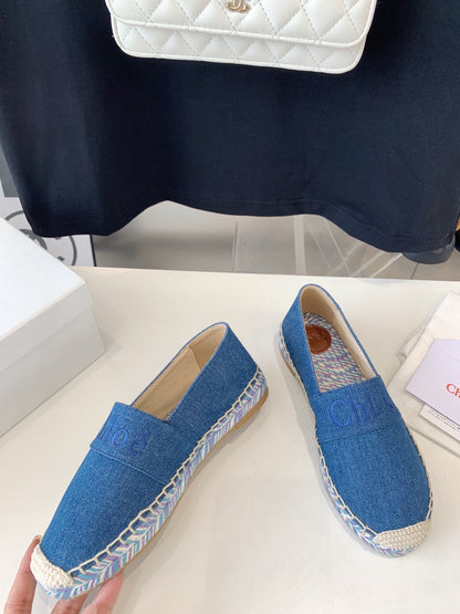 LOAFER SHOES IN CERULEAN BLUE DENIM AND WOVEN RAFFIA