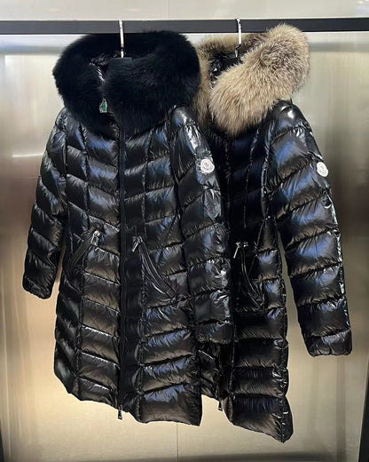 Women's Moncler-Style Hooded Shiny Quilted Long Puffer Coat with Thick Fur Trim – Style 271