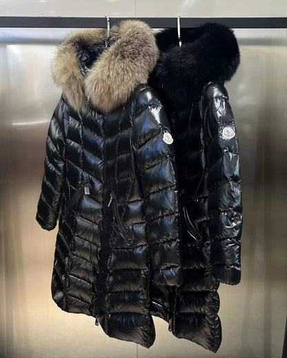 Women's Moncler-Style Hooded Shiny Quilted Long Puffer Coat with Thick Fur Trim – Style 271