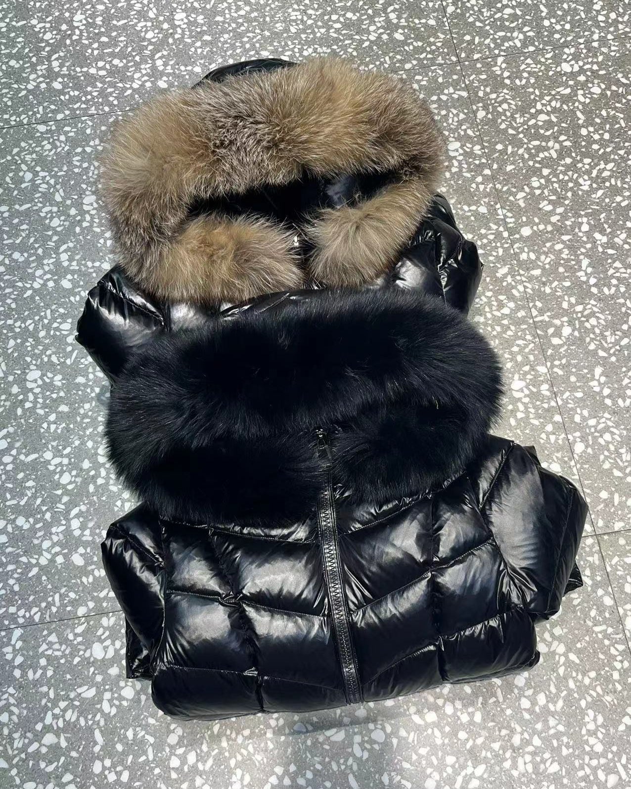 Women's Moncler-Style Hooded Shiny Quilted Long Puffer Coat with Thick Fur Trim – Style 271