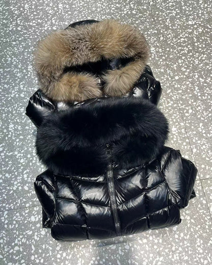 Women's Moncler-Style Hooded Shiny Quilted Long Puffer Coat with Thick Fur Trim – Style 271