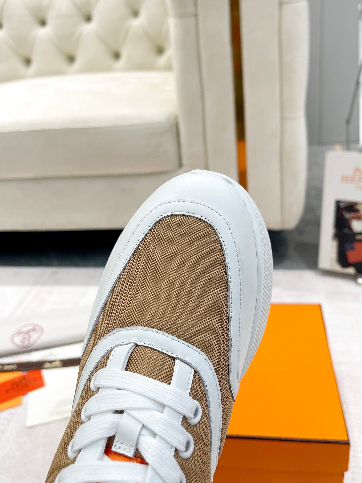 GIGA SNEAKER IN CIDER BROWN STITCHED MESH AND WHITE CALFSKIN