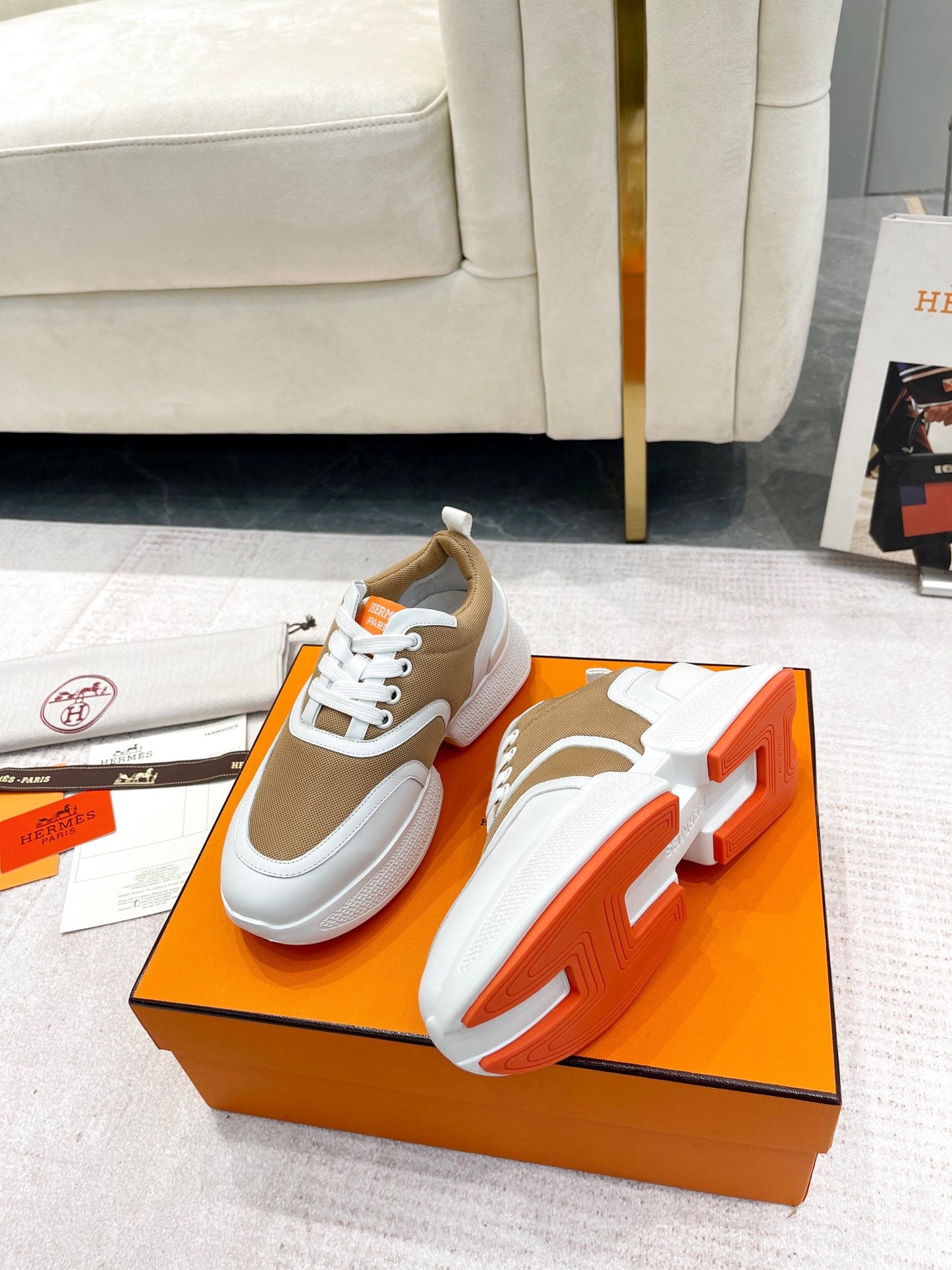 GIGA SNEAKER IN CIDER BROWN STITCHED MESH AND WHITE CALFSKIN