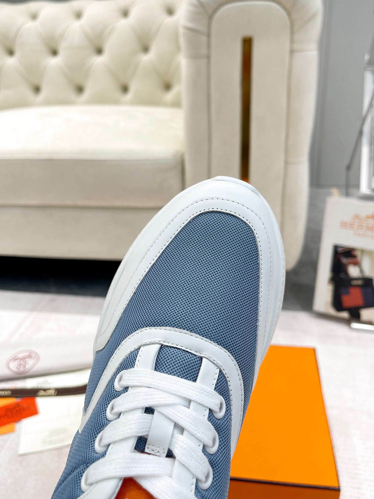 GIGA SNEAKER IN AEGEAN BLUE STITCHED MESH AND WHITE CALFSKIN