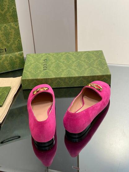 BLONDIE LOGO-PLAQUE LOAFERS IN FUSCIA PINK SUEDE WITH GOLD HARDWARE
