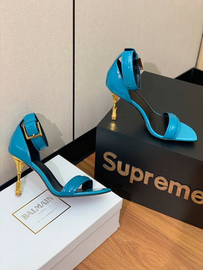 BALMAIN 25S SQUARE STRAP HIGH HEELS 100MM IN BLUE PATENT CALFSKIN