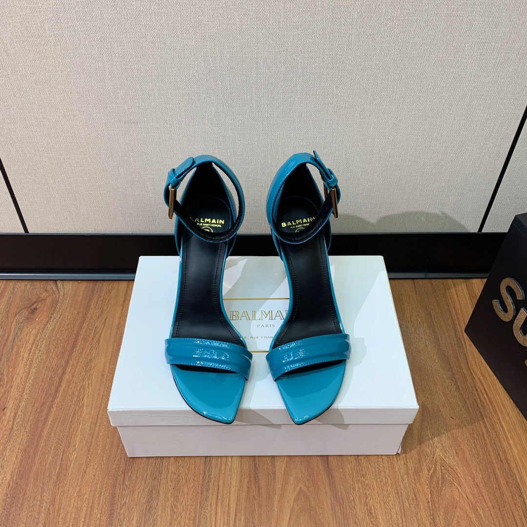 BALMAIN 25S SQUARE STRAP HIGH HEELS 100MM IN BLUE PATENT CALFSKIN
