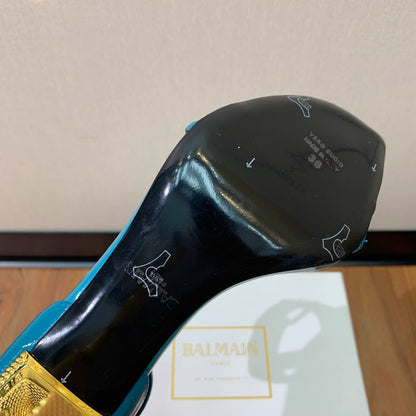 BALMAIN 25S SQUARE STRAP HIGH HEELS 100MM IN BLUE PATENT CALFSKIN