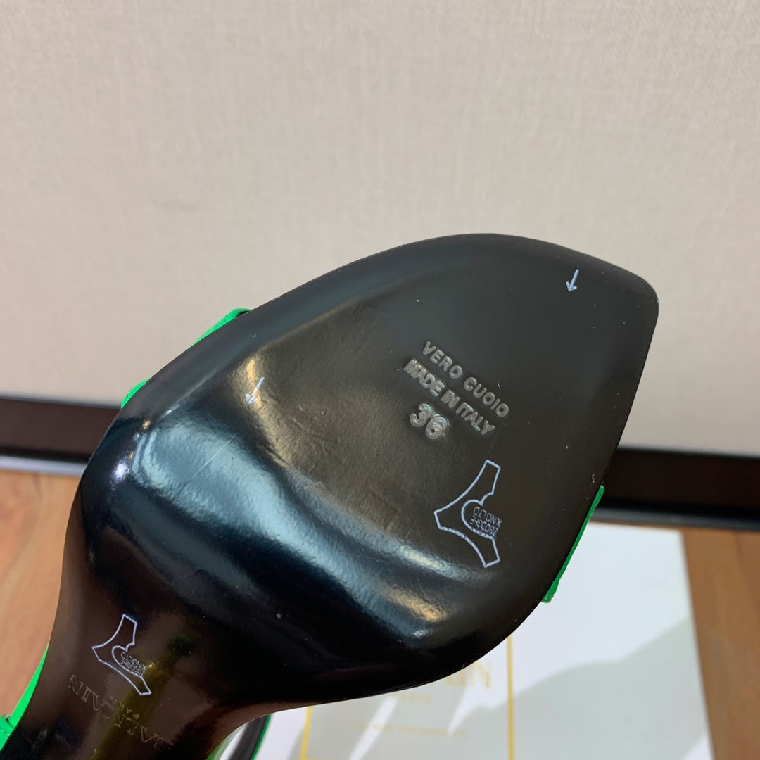 BALMAIN 25S SQUARE STRAP HIGH HEELS 100MM IN GREEN PATENT CALFSKIN