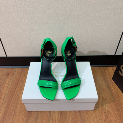 BALMAIN 25S SQUARE STRAP HIGH HEELS 100MM IN GREEN PATENT CALFSKIN