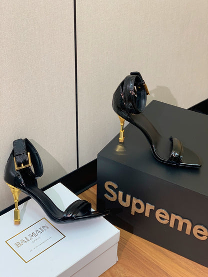 BALMAIN 25S SQUARE STRAP HIGH HEELS 100MM IN BLACK PATENT CALFSKIN