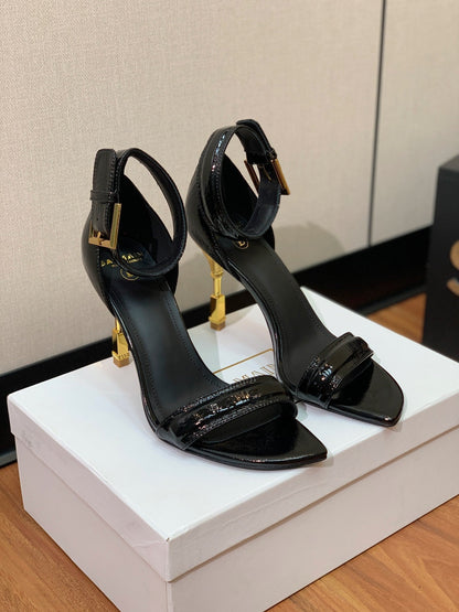 BALMAIN 25S SQUARE STRAP HIGH HEELS 100MM IN BLACK PATENT CALFSKIN