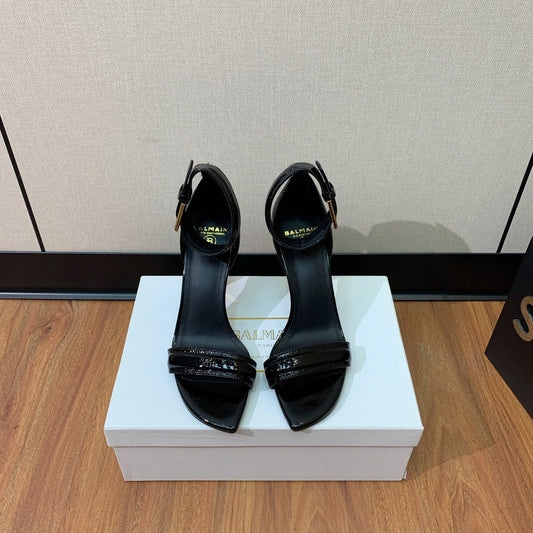 BALMAIN 25S SQUARE STRAP HIGH HEELS 100MM IN BLACK PATENT CALFSKIN