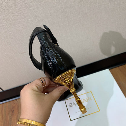 BALMAIN 25S SQUARE STRAP HIGH HEELS 100MM IN BLACK PATENT CALFSKIN