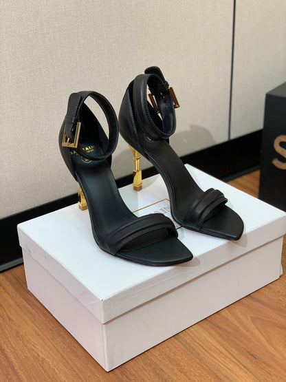 BALMAIN 25S SQUARE STRAP HIGH HEELS 100MM IN BLACK CALFSKIN