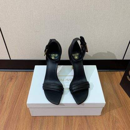BALMAIN 25S SQUARE STRAP HIGH HEELS 100MM IN BLACK CALFSKIN