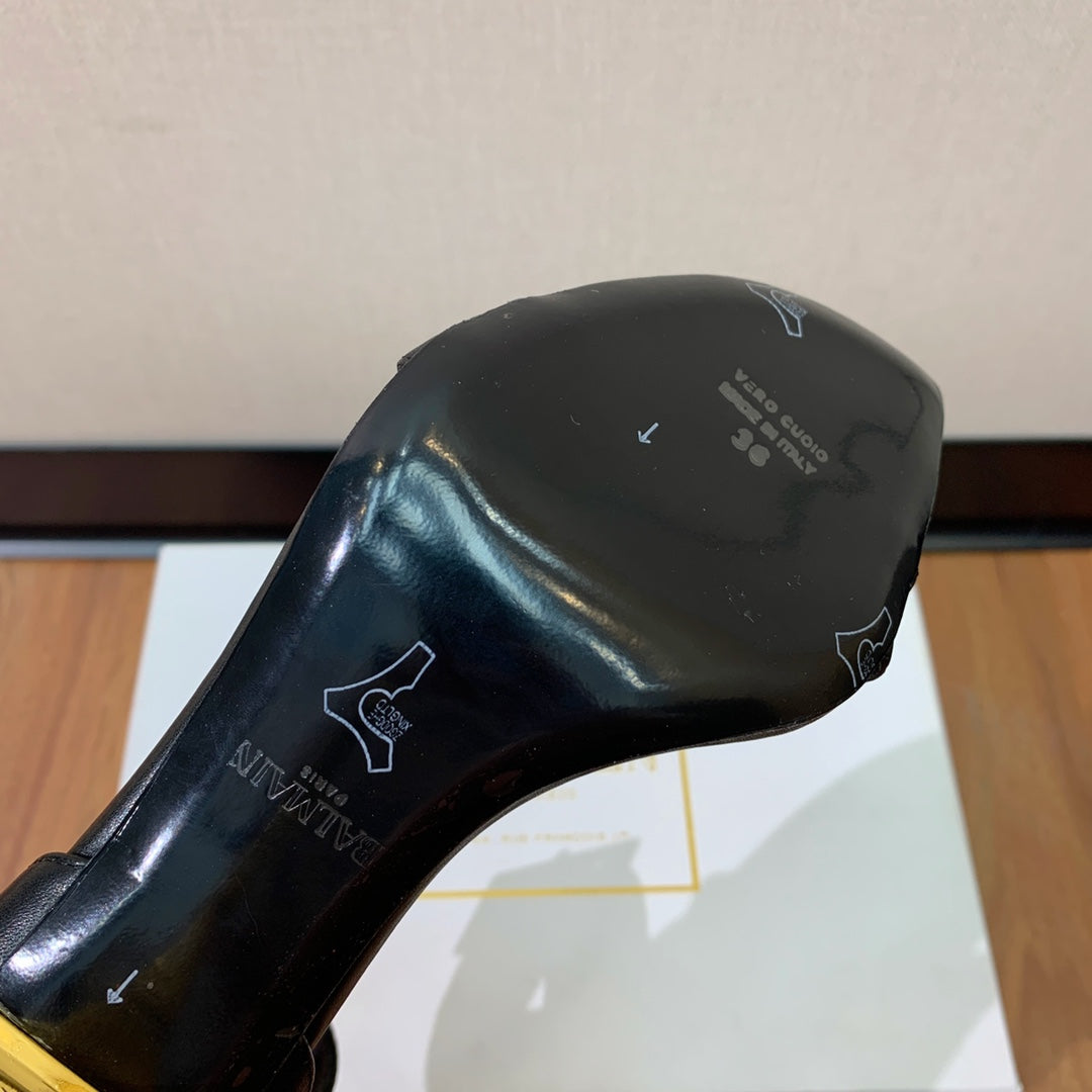 BALMAIN 25S SQUARE STRAP HIGH HEELS 100MM IN BLACK CALFSKIN