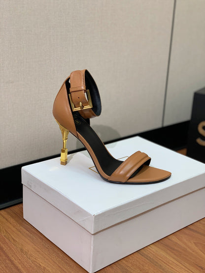 BALMAIN 25S SQUARE STRAP HIGH HEELS 100MM IN CARAMEL CALFSKIN